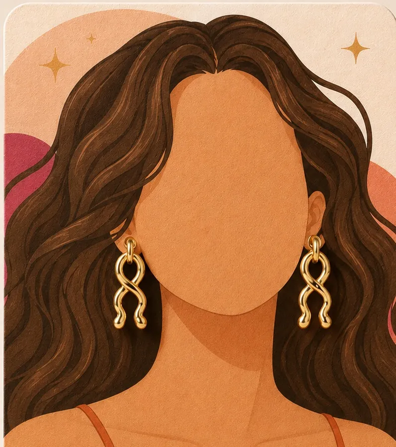 Ilustração da mulher sem rosto usando brincos dourados, assinatura visual da VAROC