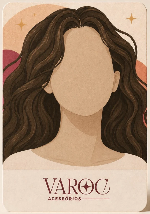 Ilustração da mulher sem rosto, assinatura visual da VAROC, com cabelos castanhos ondulados